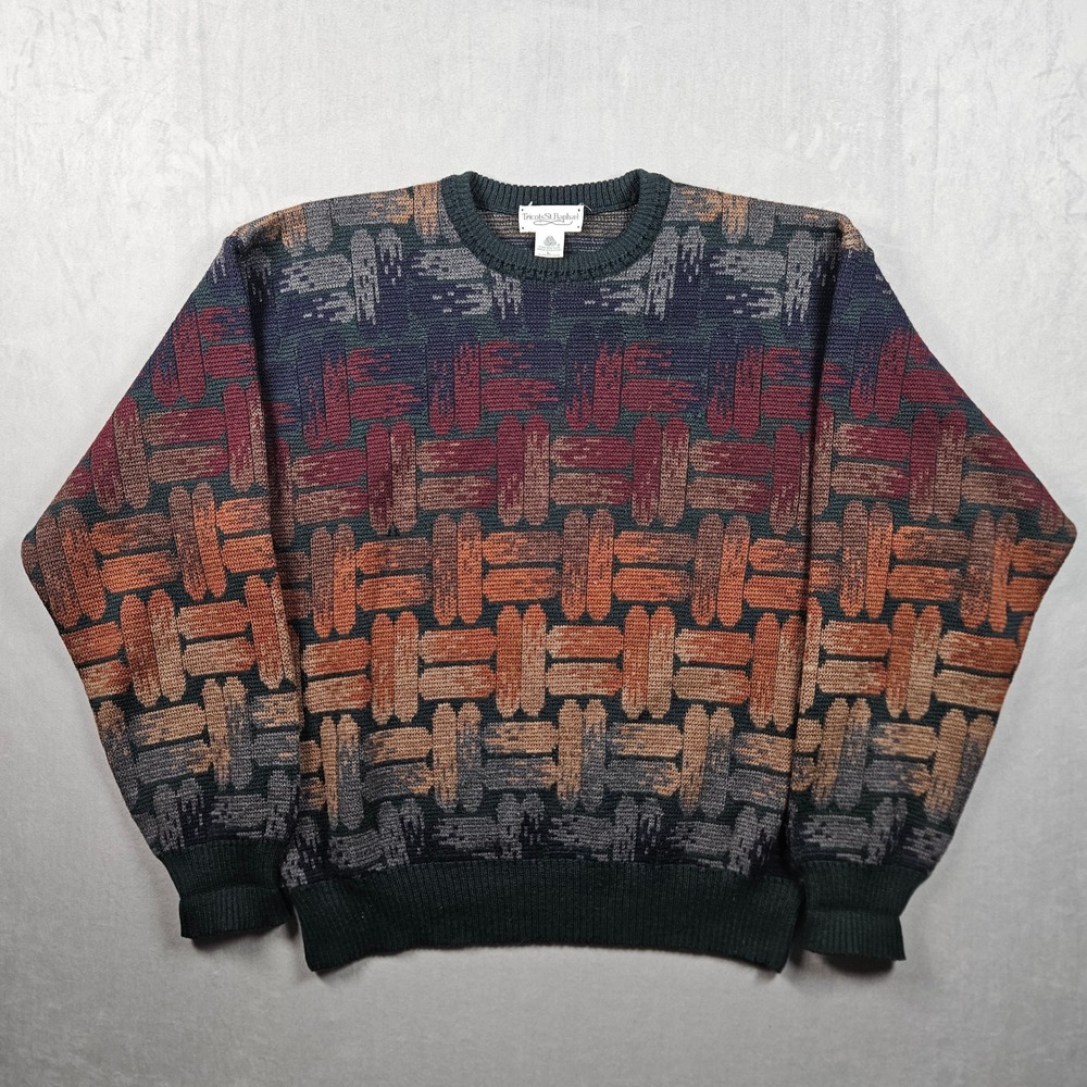 Vintage Tricots St Raphael Sweater Mens Large Multi-Color Wool Basketweave